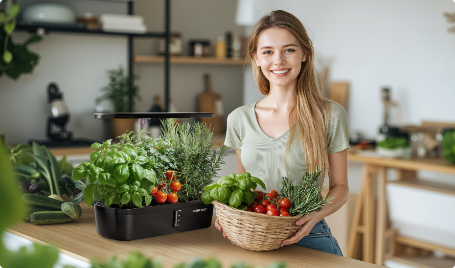 Woman holding a basket of fresh vegetables in a kitchen