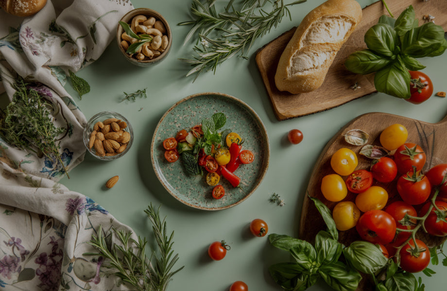 Tomatoes and herbs from indoor garden 