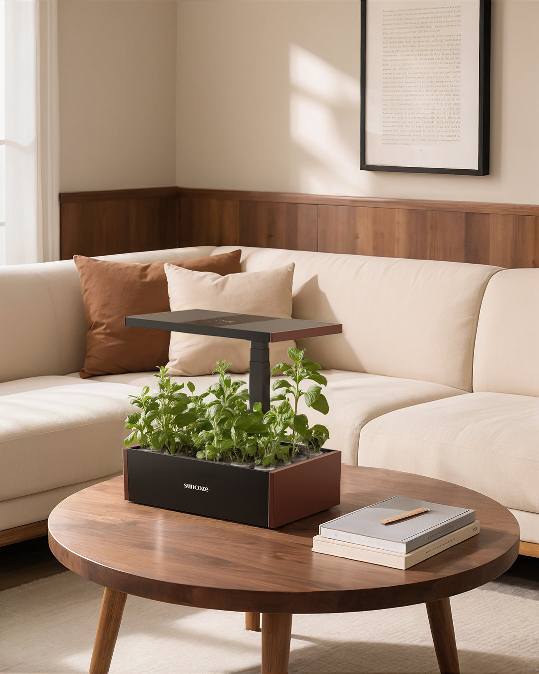 Modern living room with a sectional sofa, round wooden coffee table, and indoor plants.