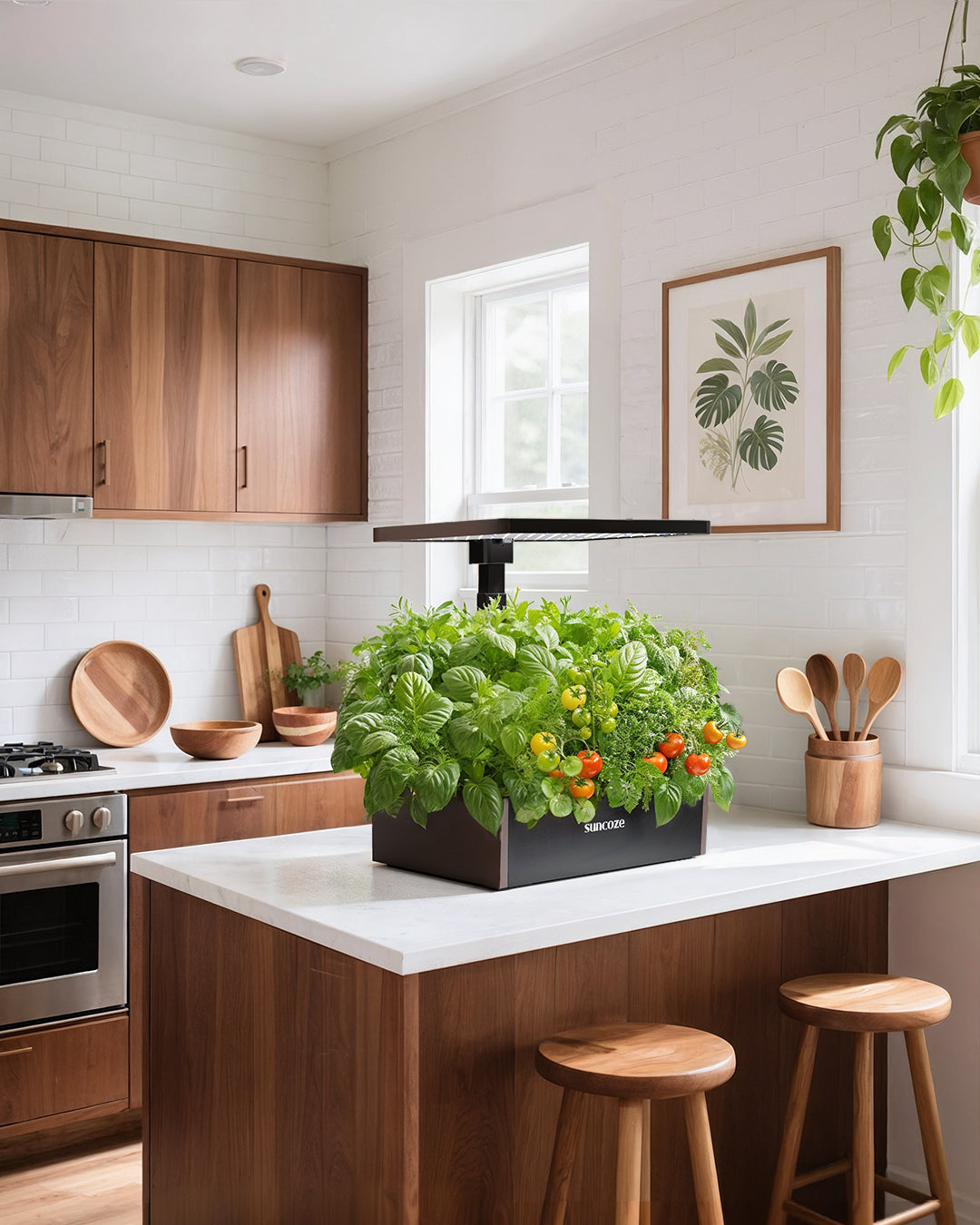 Modern kitchen with a plant on the counter, wooden cabinets, and a window.