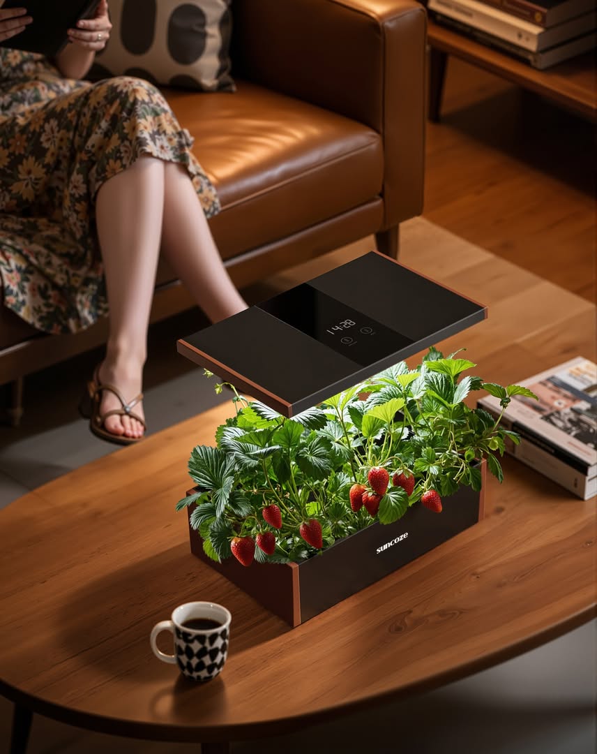 Modern living room with a person sitting on a couch, a coffee table with a tablet and strawberry plant, and a book.