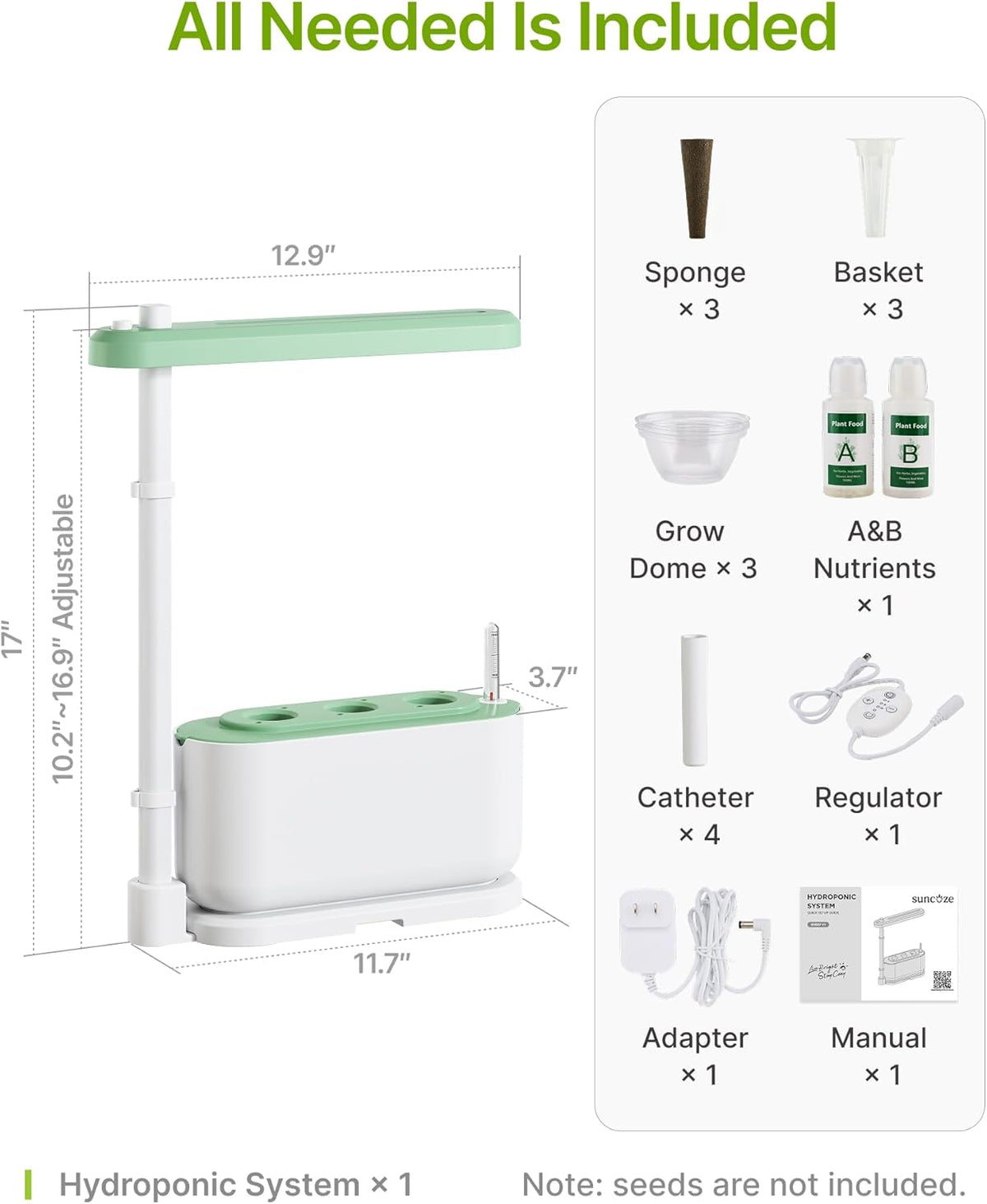 SUNCOZE Hydroponics Growing System Kit with 3 Pods – Full Spectrum LED Grow Light, Adjustable Height Indoor Herb Garden, Educational-Ready Hydroponic System for Kids and Beginners，Gardening Gifts