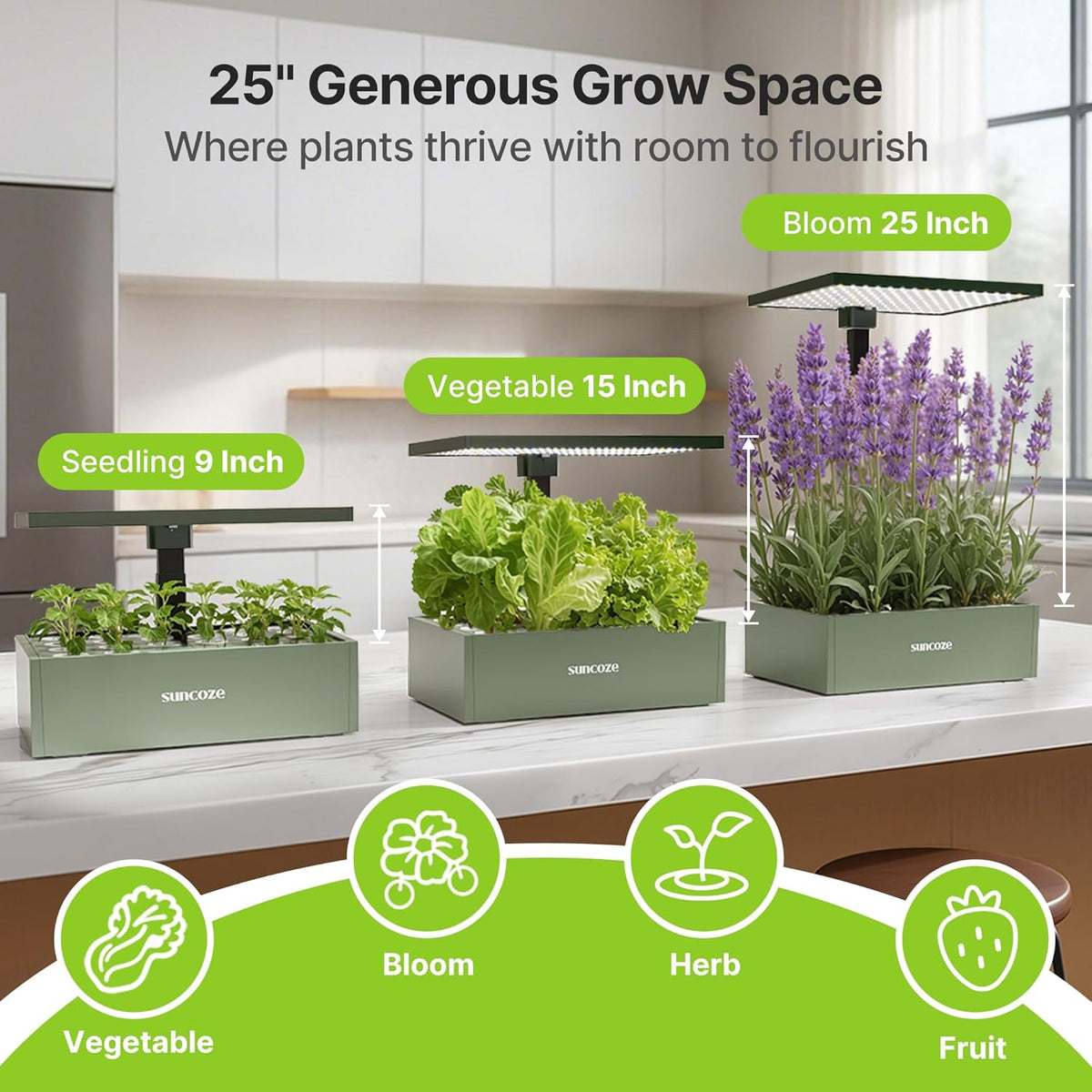 SUNCOZE Hydroponics Growing System Kit, 20 Pods Indoor Herb Garden with 10L Water Tank & Adjustable Height 25", 30W LED Grow Light, LCD Display with Veg/Flower Modes, Pump & Low Water Reminder, Green