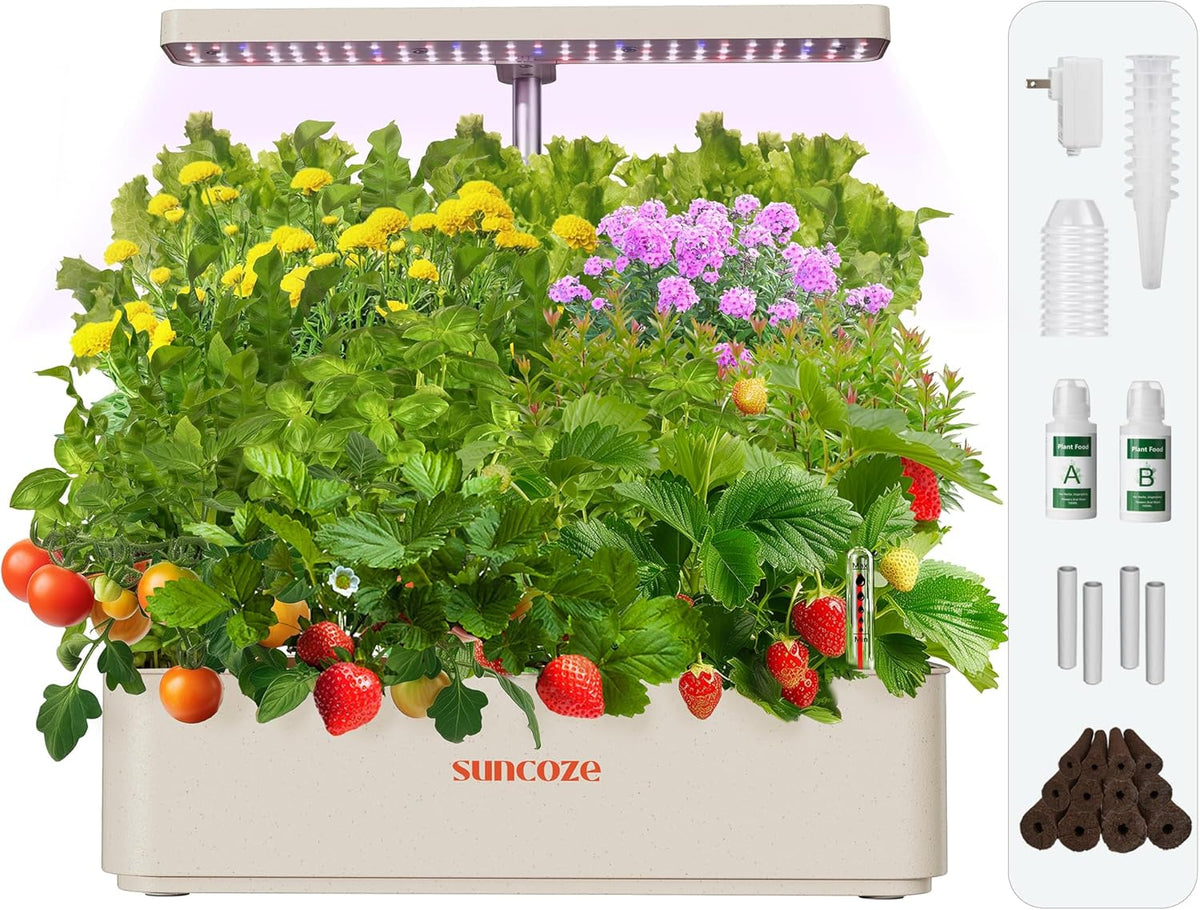 SUNCOZE Hydroponics Growing System Kit 12 Pods, 24W LED Grow Light Indoor Garden, 4L Water Tank with Quiet Pump, Adjustable Height Herb Garden Planter Indoor Kit, Gardening Gifts, Beige