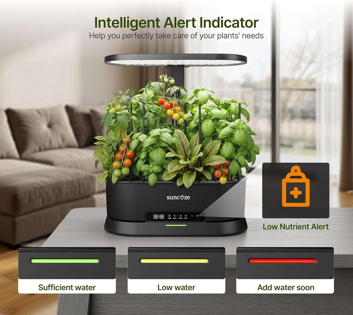 SUNCOZE Hydroponics Growing System Kit with Split Tank, Dimmable 36W Full Spectrum LED Grow Light, 12 Pods Indoor Herb Garden with Timer & Clock Smart Pane, 21.65 Inch Height Adjustable Herb Garden