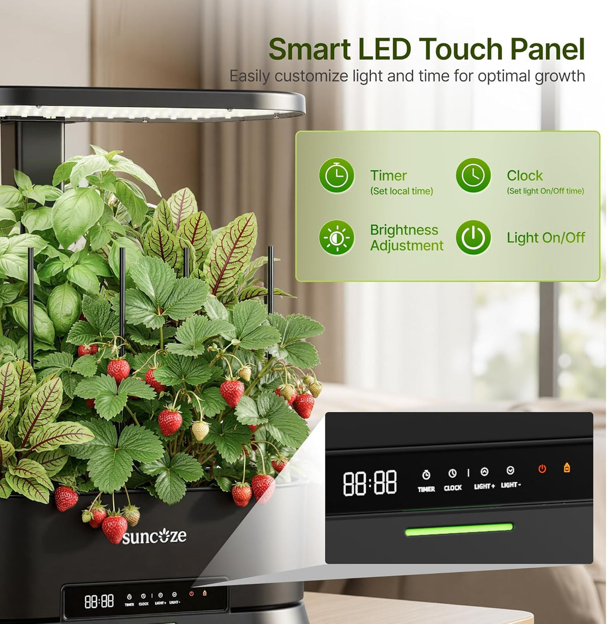 SUNCOZE Hydroponics Growing System Kit with Split Tank, Dimmable 36W Full Spectrum LED Grow Light, 12 Pods Indoor Herb Garden with Timer & Clock Smart Pane, 21.65 Inch Height Adjustable Herb Garden